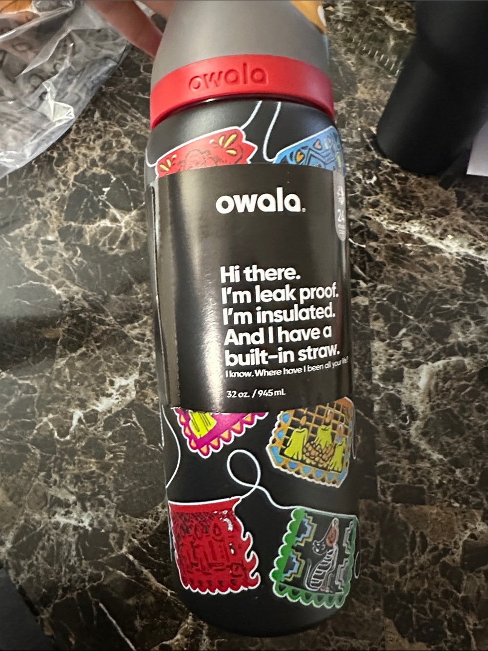Owala Insulated Water Bottle with Built-In Straw — Black with Red